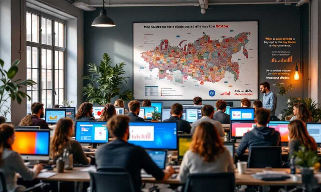Офис цифрового маркетинга в Москве, наполненный энергией.