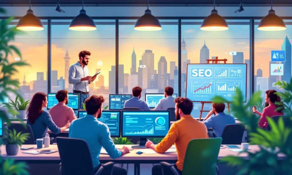 современный офис с маркетологами, работающими над SEO стратегиями