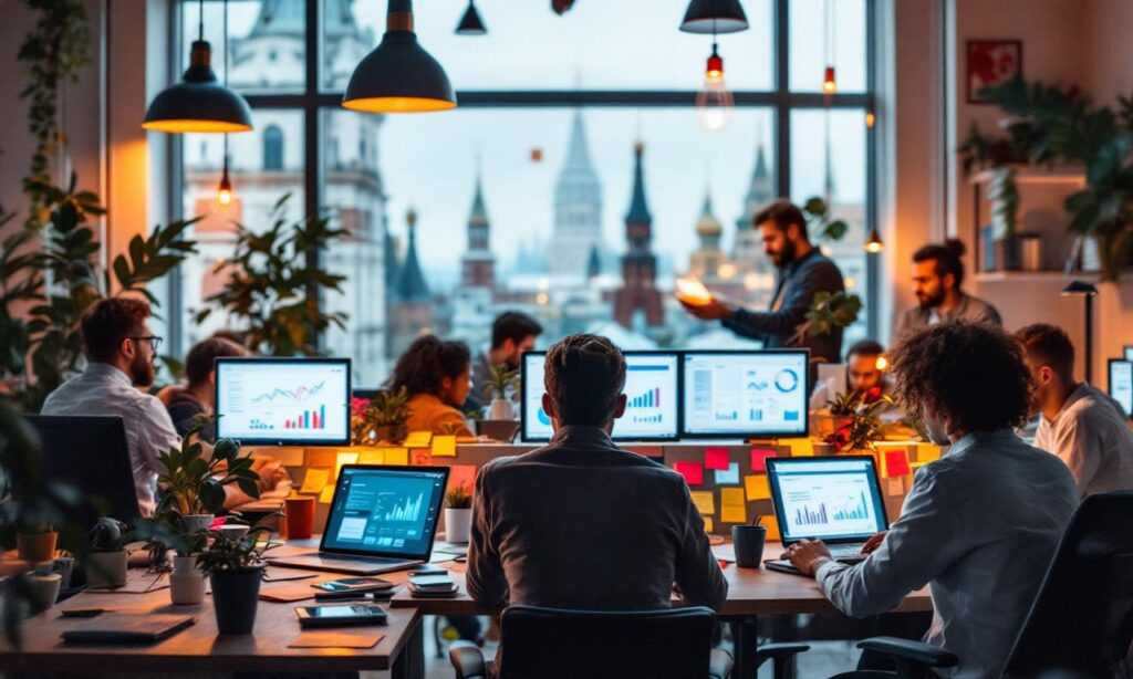 Офис цифрового маркетинга в Москве с командой, работающей над SEO.
