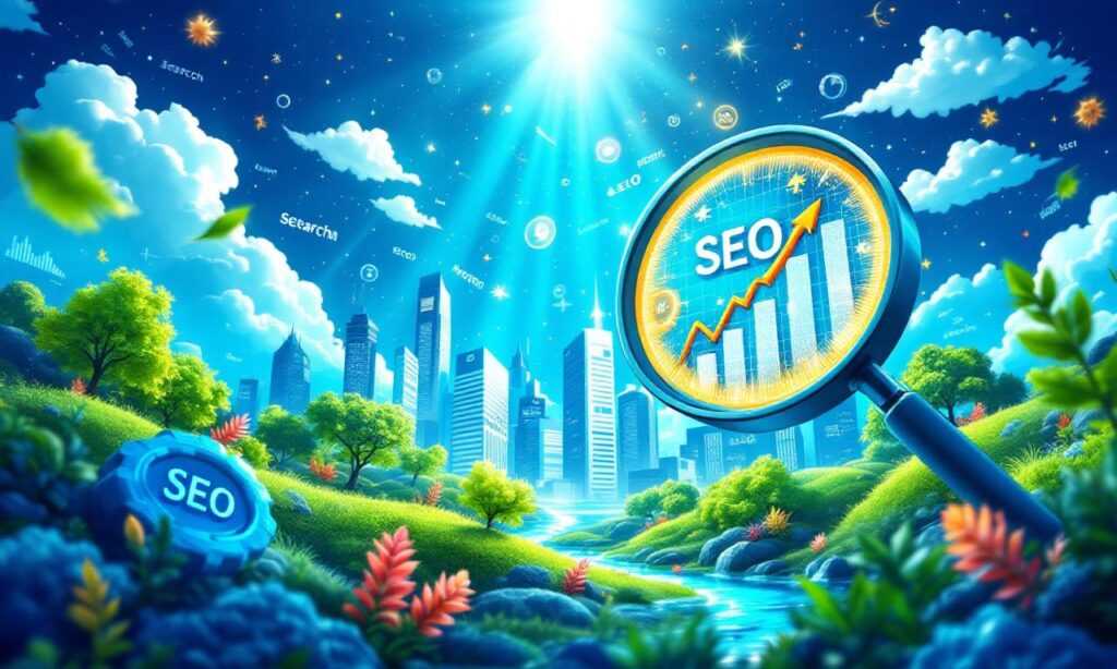 Яркий цифровой ландшафт, представляющий SEO-продвижение сайта