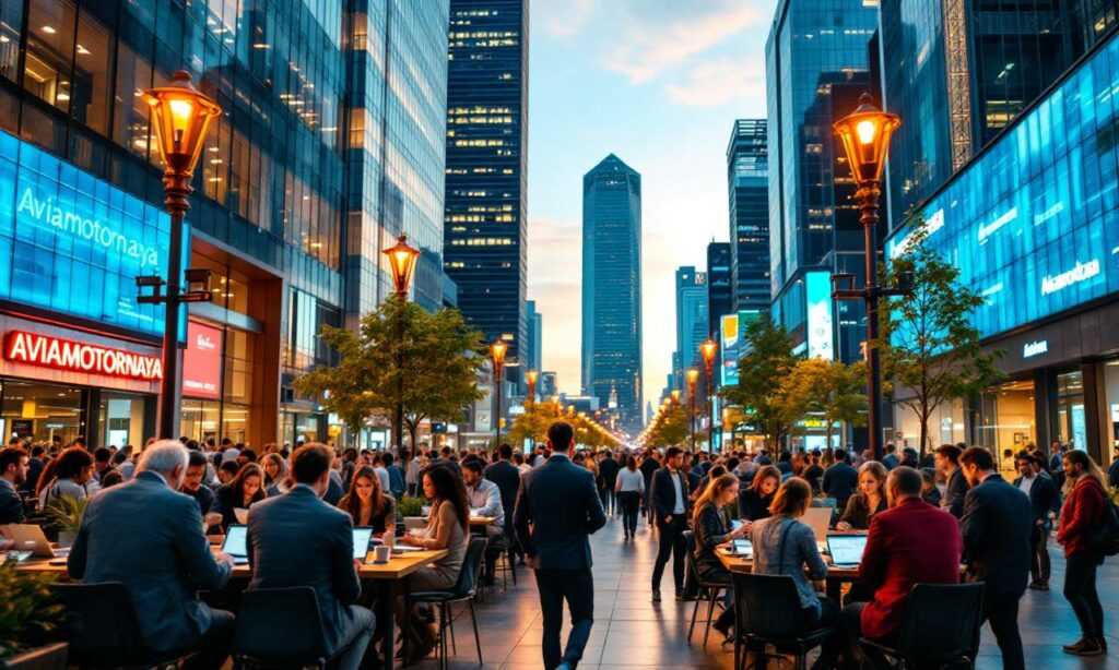 A vibrant business scene at Aviamotornaya, showcasing professionals collaborating in a modern city environment.