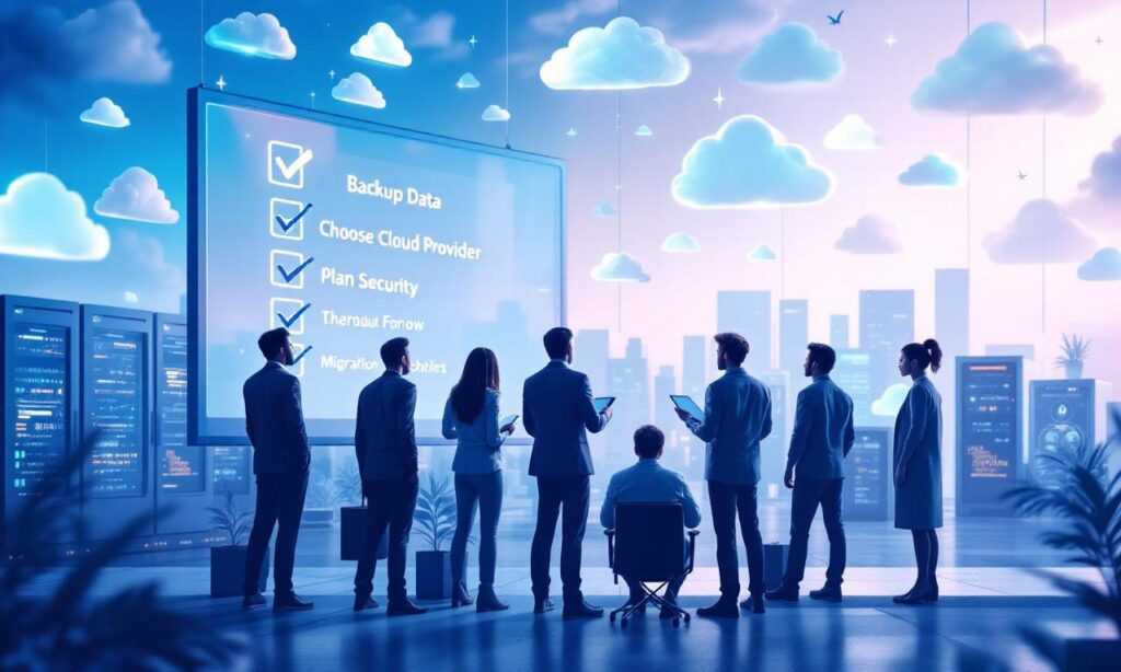 An illustration of IT professionals working together on a checklist for migrating systems from on-premise to cloud.