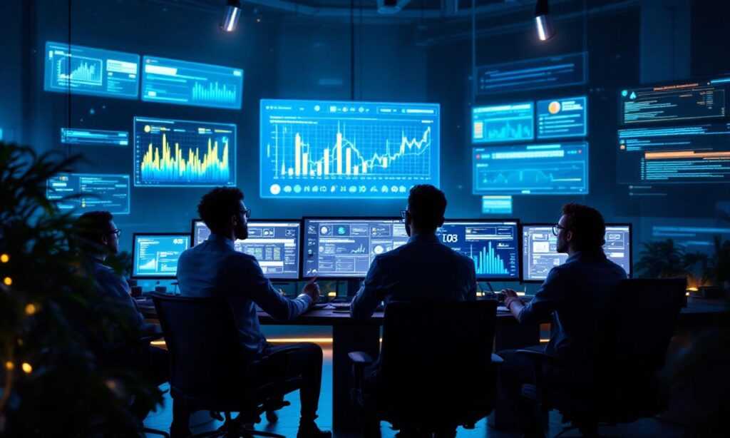 Futuristic cybersecurity outsourcing office with diverse experts analyzing data.