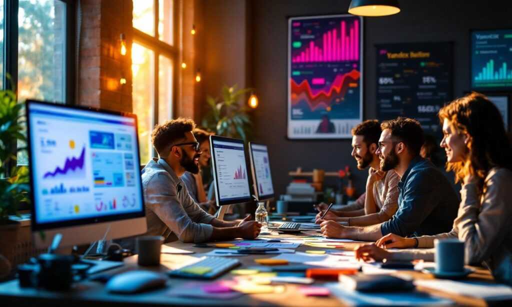 An energetic digital marketing team discussing website promotion strategies with Yandex, in a brightly lit office space filled with technology and creativity.
