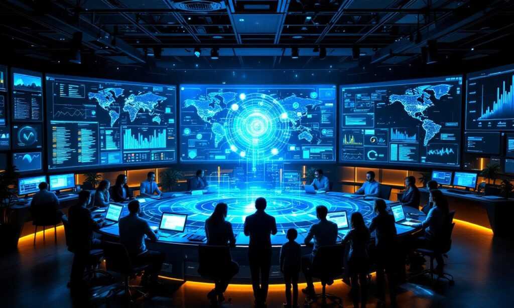 Изображение современного контрольного центра IT-инфраструктуры с командой профессионалов, работающих над показателями устойчивости и непрерывности бизнеса.