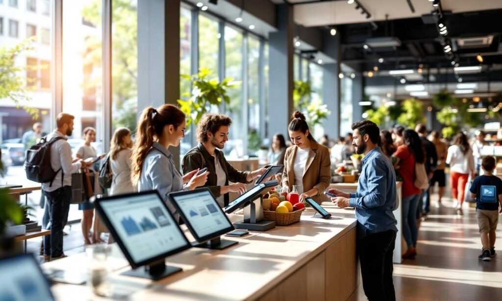A vibrant retail store showcasing modern IT solutions for networking and checkout systems.