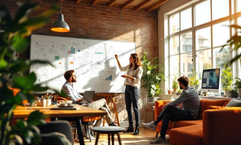 An engaging office scene depicting Slavic individuals working on IT outsourcing projects, showcasing collaboration and technology.