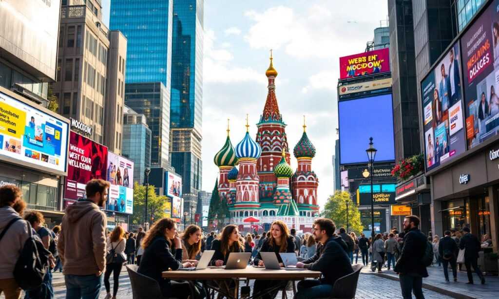 Вид на улицу Москвы с молодыми профессионалами, работающими над раскруткой сайтов.