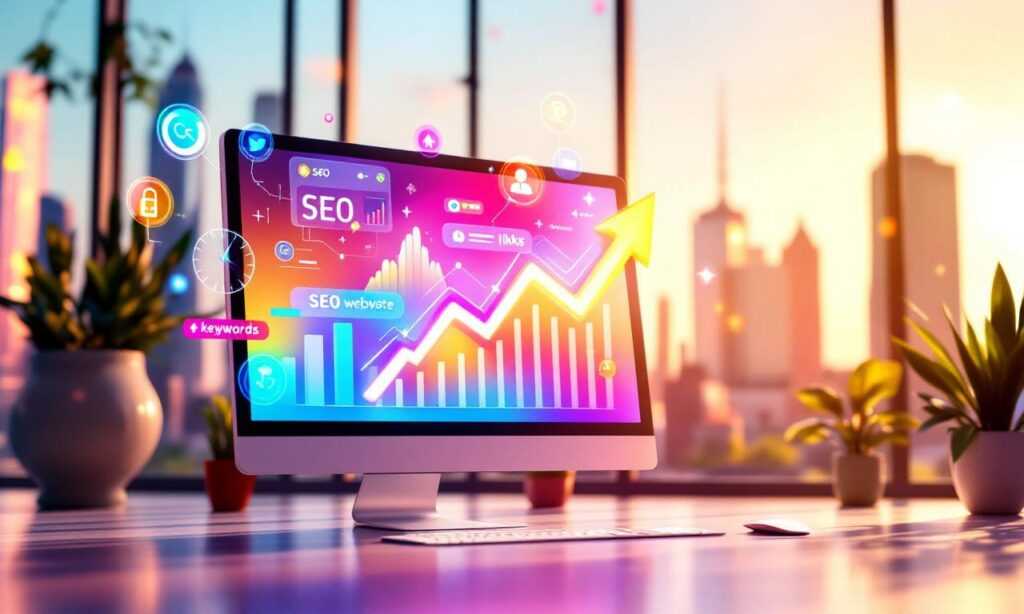 Яркий цифровой ландшафт, изображающий продвижение сайта SEO, с экраном компьютера, графиками и символами роста.