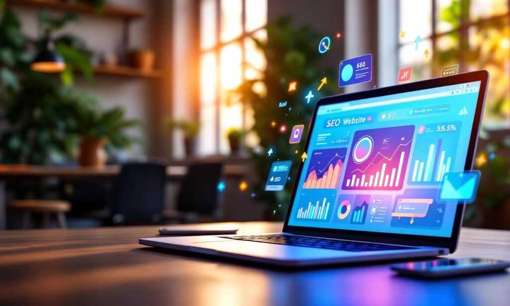 A digital illustration showcasing SEO website promotion with graphs and icons.