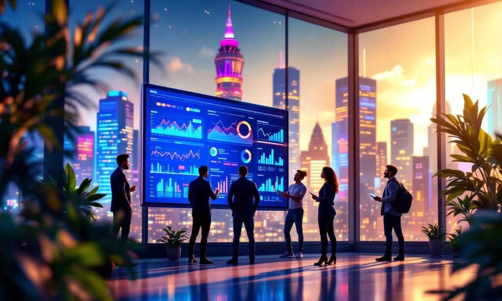A digital audit scene with professionals analyzing website promotion metrics.