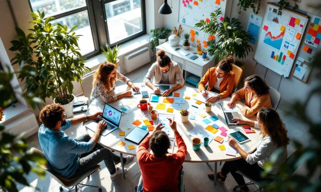 A dynamic brainstorming session for website promotion strategies in a modern workspace.