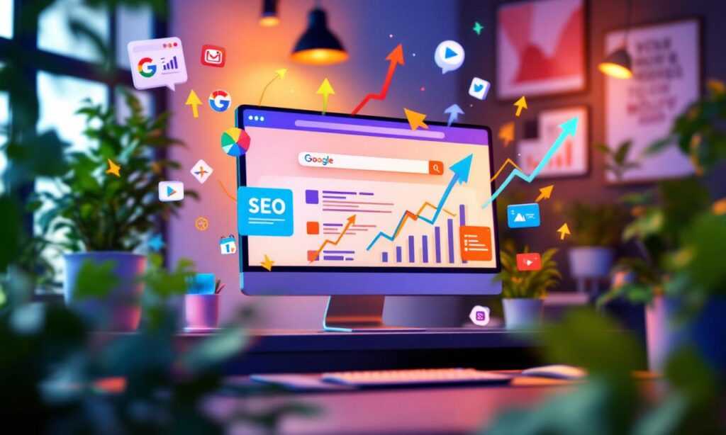 A colorful depiction of a website promotion on Google with growth charts and social media icons.