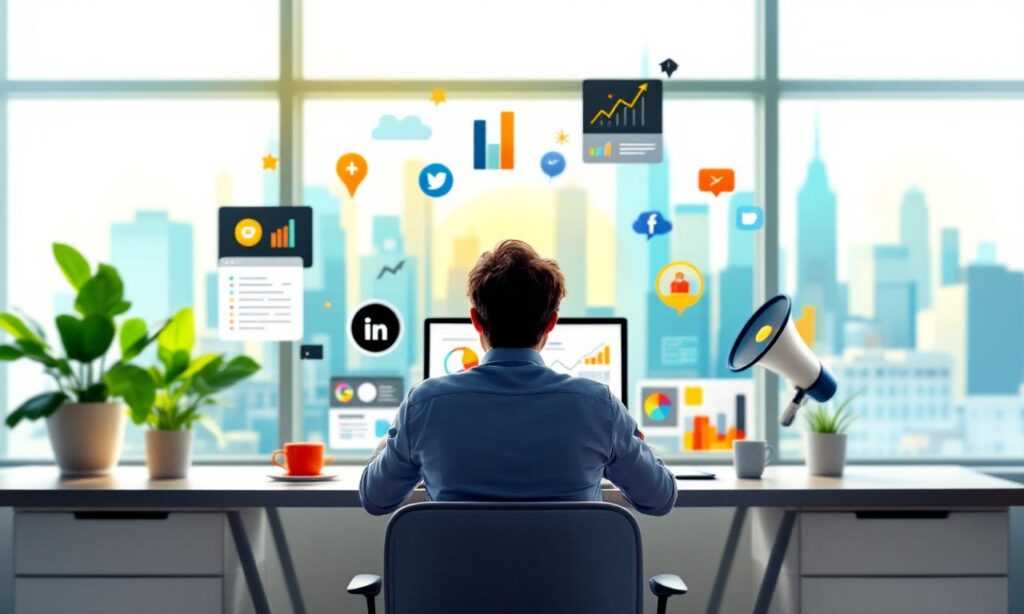 A scene of a person ordering website promotion at a modern desk with a city view.