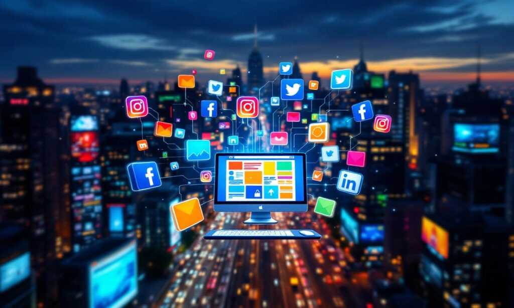 A dynamic digital scene illustrating website promotion through social media networks with vibrant colors and a city skyline.