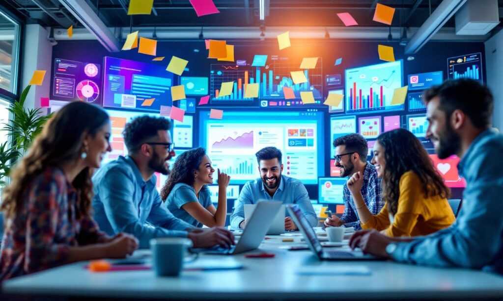 A lively scene of diverse marketers promoting a website in a modern office, with bright screens and creative brainstorming visible.