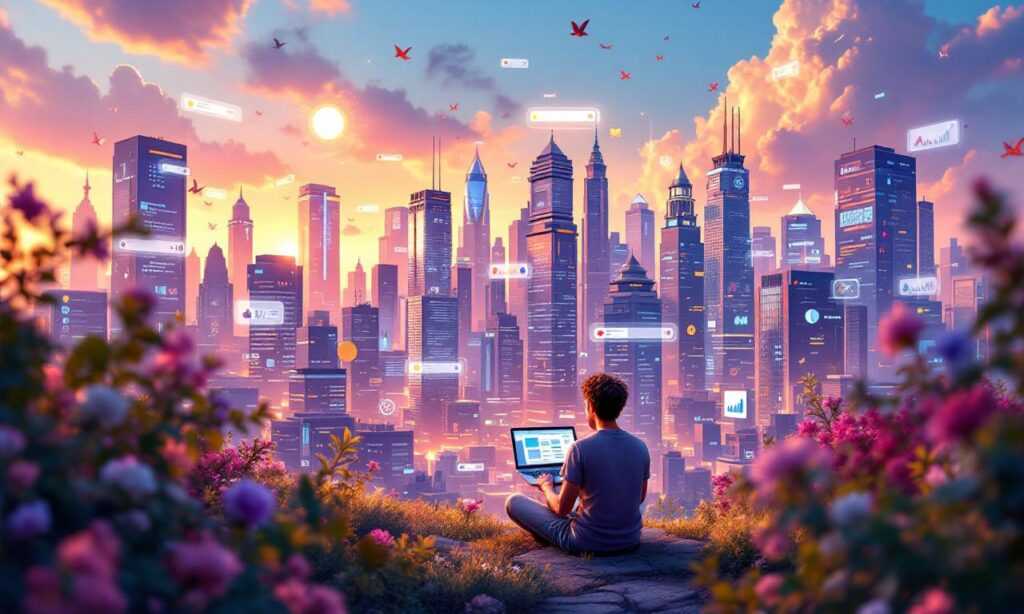 A digital landscape symbolizing website promotion with buildings made of websites and a character working on digital strategies.