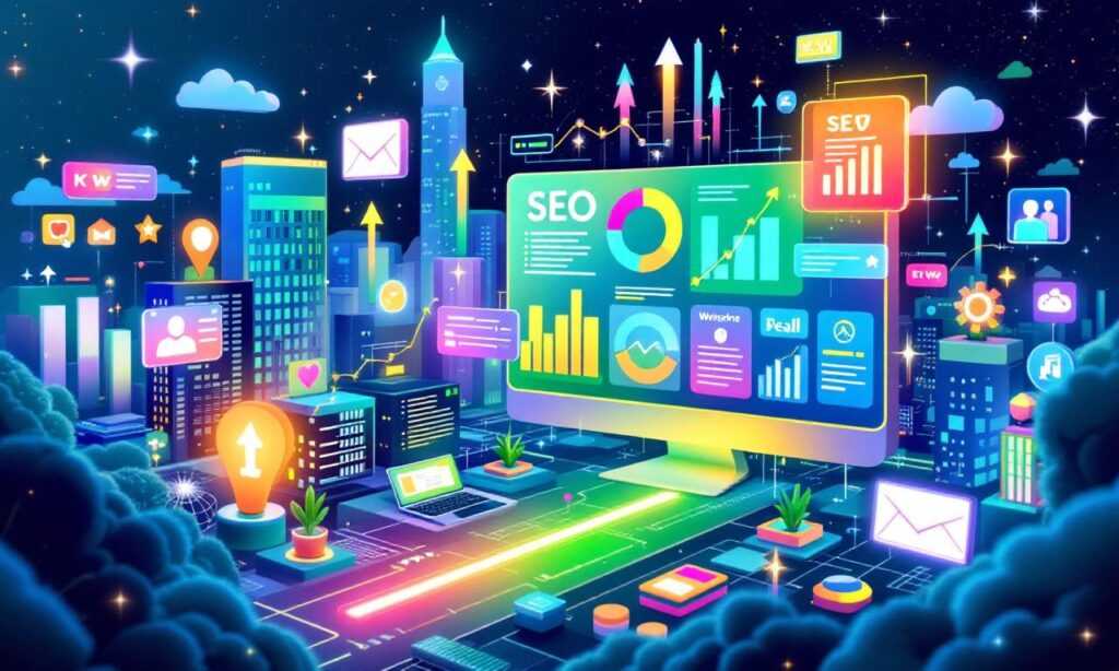 A digital scene illustrating website promotion in search engines with data visuals.