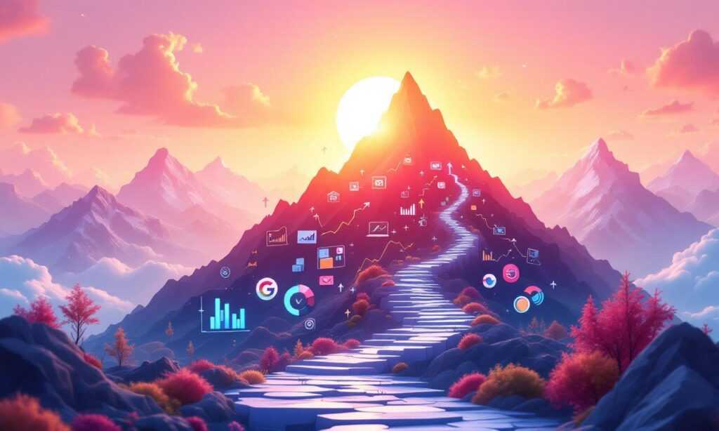 A vibrant digital landscape showing a website climbing to the peak of a mountain made of search engine icons.