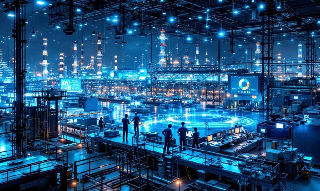 A modern manufacturing facility showcasing the integration of IT outsourcing with machinery and industrial networks.