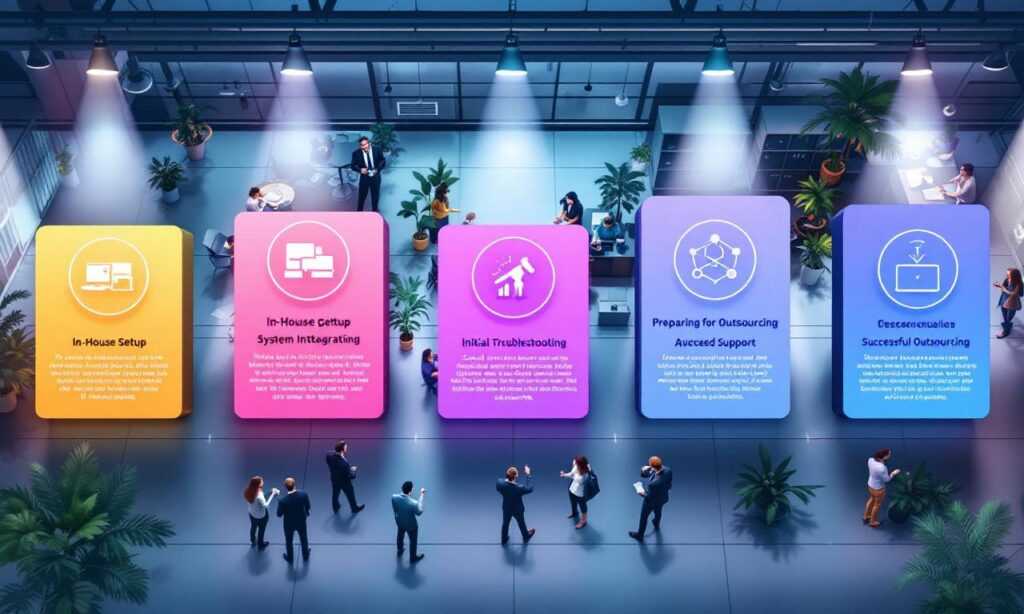 Diagram illustrating the 7 stages of IT support growth in a company, showcasing the transition to outsourcing.