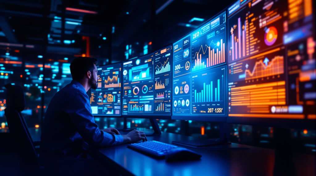 Современный офис digital-маркетинга с аналитикой SEO и ростом показателей для IT-компании.