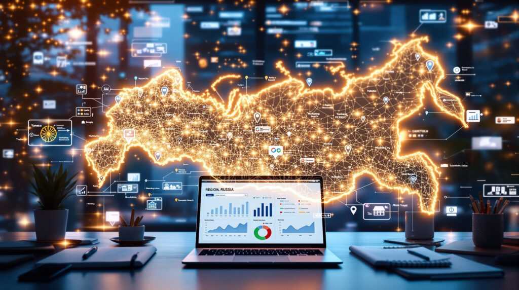 A map of Russia with city markers, charts, and SEO analytics in a modern workspace.